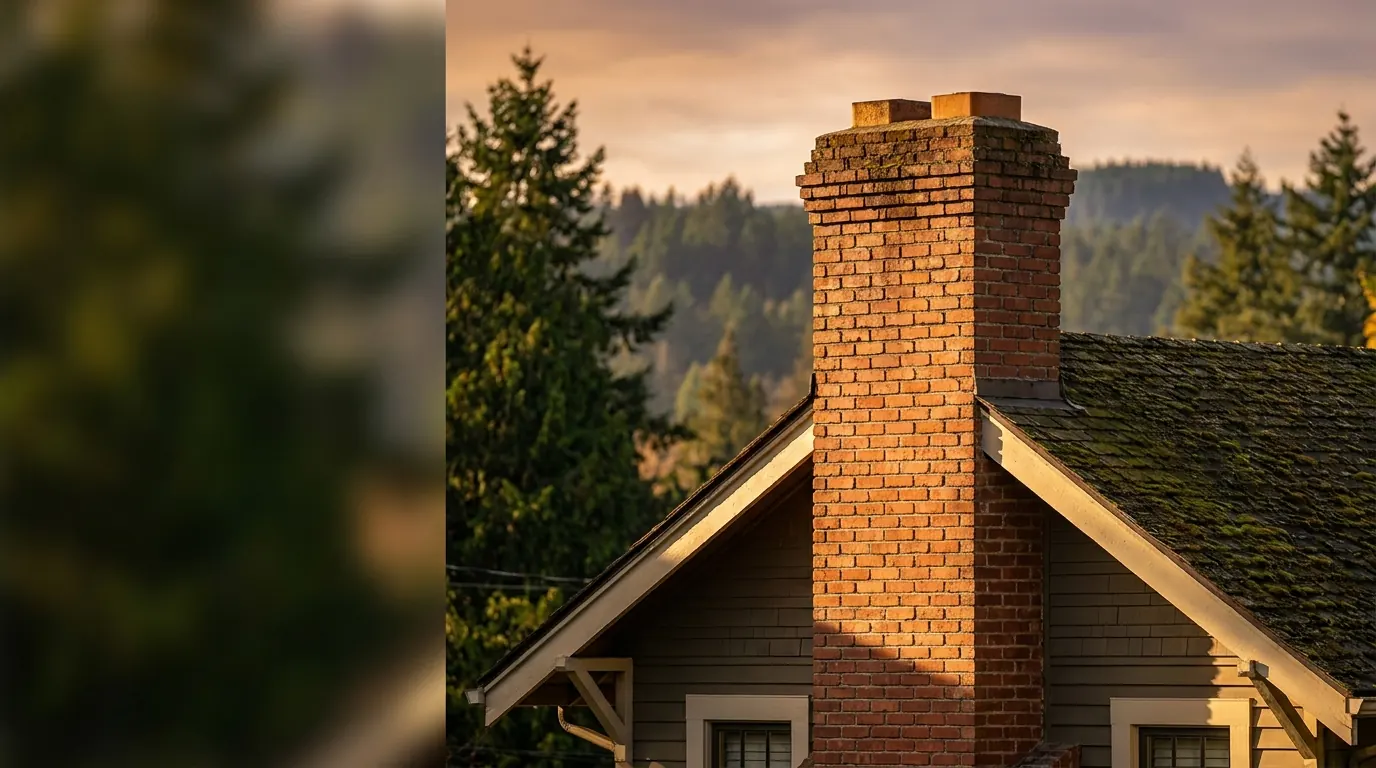 Restored red brick chimney on a Pacific Northwest home